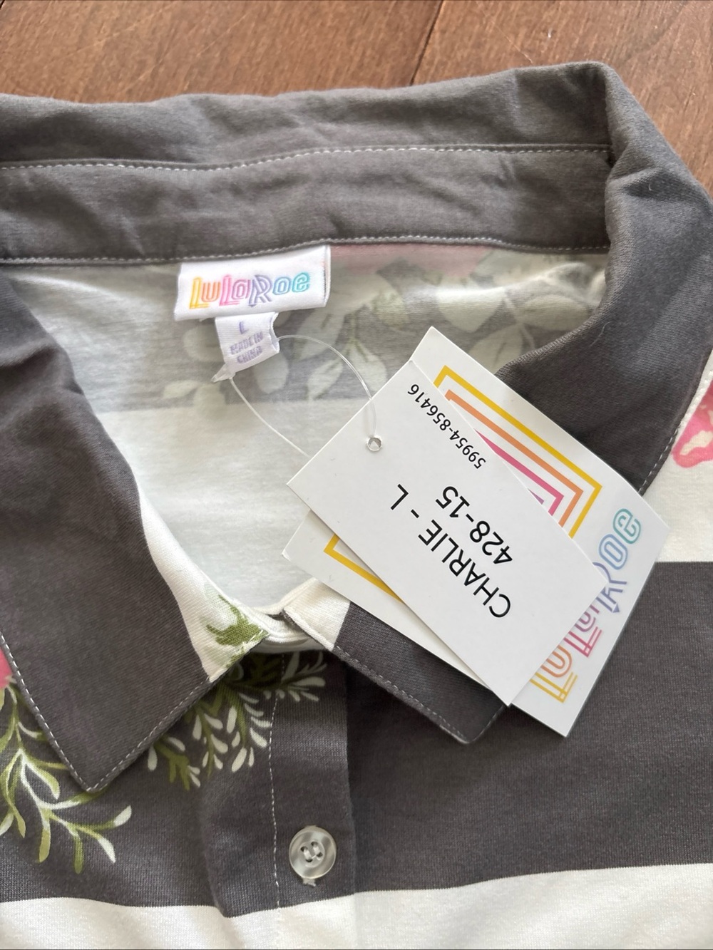 LulaRoe Striped and Floral Charlie Button Up Top Womens L New Soft Stretchy - Picture 5 of 14